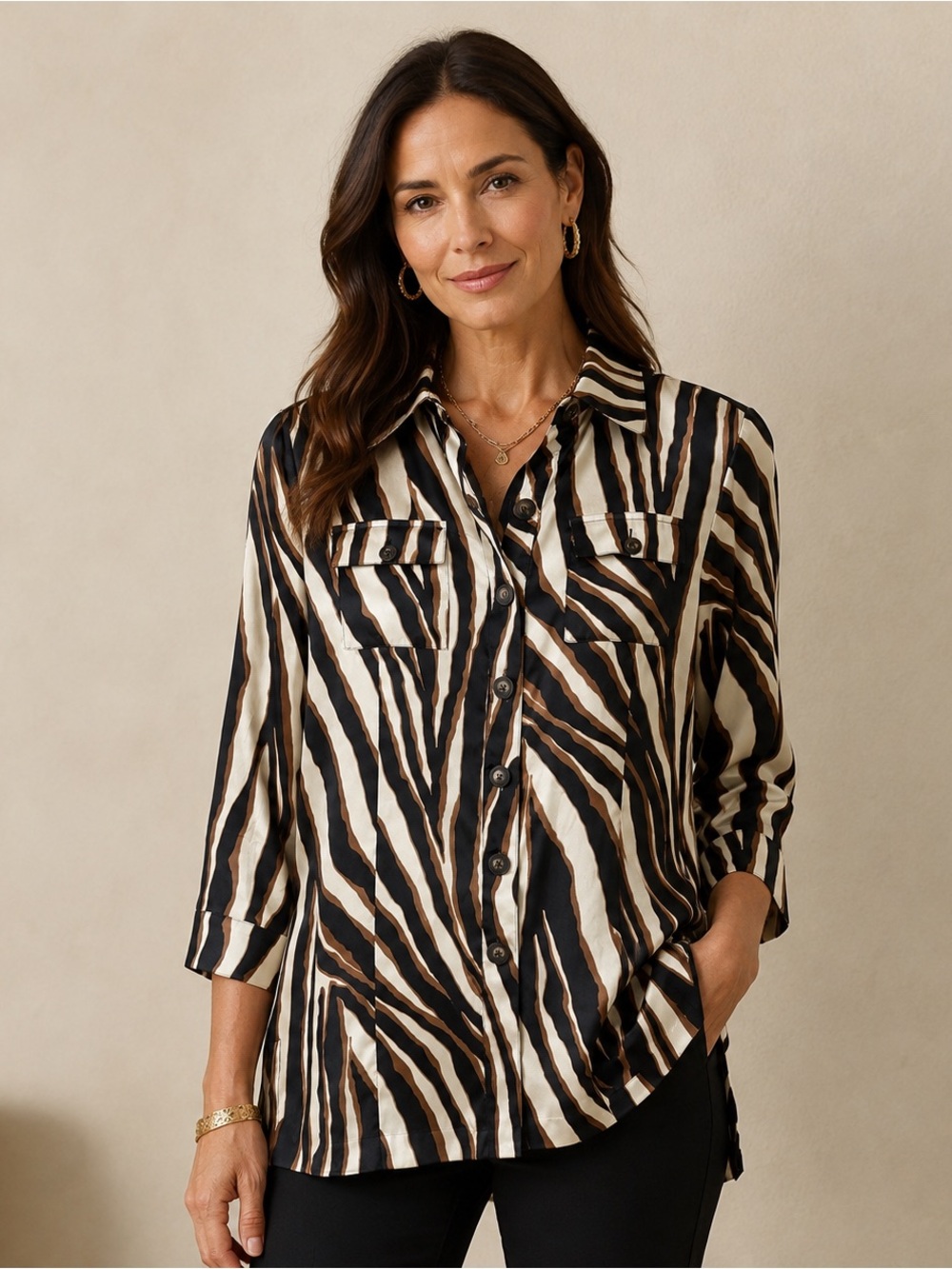 Chico’s Zebra Animal Print Satin Button Front Tunic Blouse Roll Tab Small S